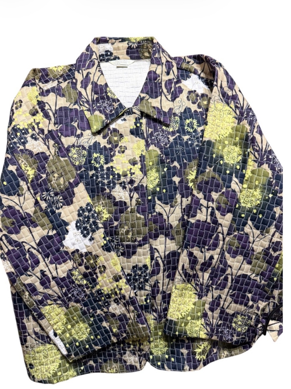 Christopher & Banks Quilted Floral Button-Up Jacket in Purple, Green & Cream